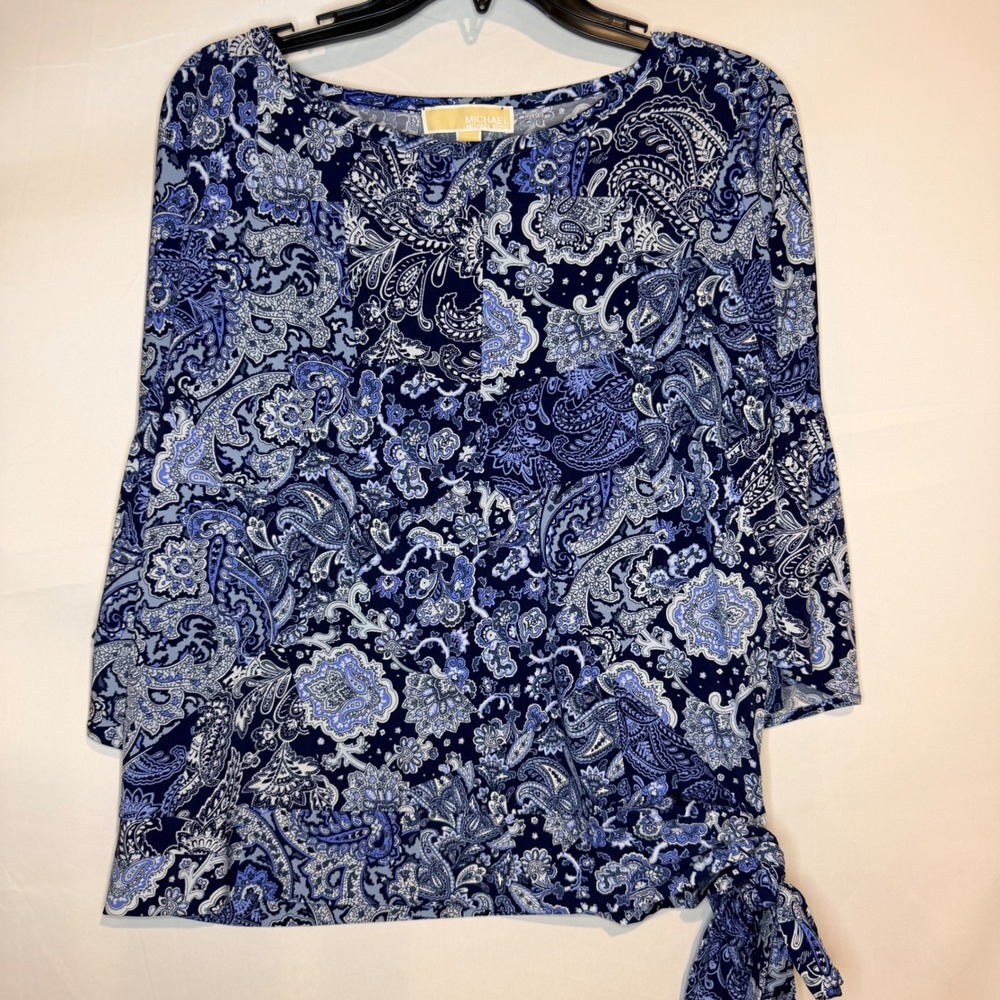 Michael Kors Womens Blue Paisley Side Tie 3/4 Sleeve Blouse Top Large